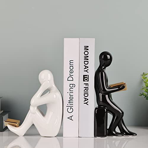 XINGYAN Elegant Ceramic Bookends - Black & White Reading Statues with Gold Accents - Sophisticated Decor for Shelves and Home(Gold Book)