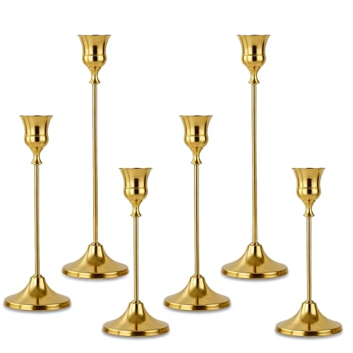 Candlestick Holders 6pcs Gold Candle Holders, Brass Metal Taper Candle Holders, Vintage Modern Decorative Centerpiece Candle Sticks Holder Decor for Table Mantel Wedding Party Housewarming Gift