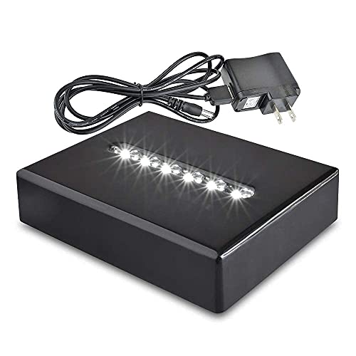 6 LED Light Pedestal - Rectangular Satin Matte Black Lacquer White Light Stand Base for 3D Art Glass, Room Decor and Gemstones and Crystals - AC/USB Adapter Powered (Black)