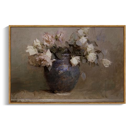 InSimSea Framed Canvas Wall Art Vintage Decor, Retro Floral Rustic Decorations for Living Room, Farmhouse Wall Decor for Living Room Bedroom, 24"x36" - color: Roses in Vase, size: 36"L x 24"W