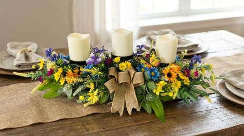 Svndlyn Candle Holders Spring Summer Centerpiece,3 Wick Candle Holder with Daisy and Sunflowers, Perfect for Spring Decor,Easter Centerpiece Table Decor,Indoor Home Decor,Desktop Decor