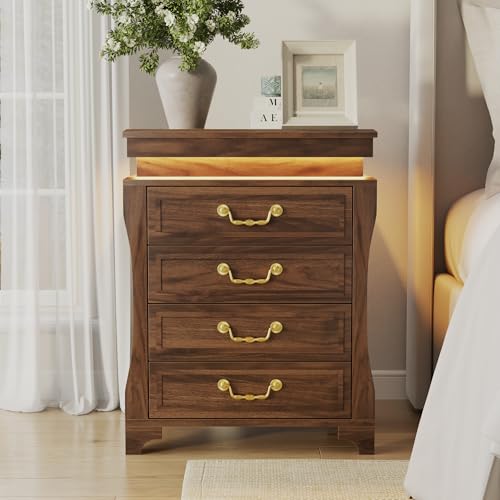 Nightstand with Hidden Compartment & Charging Station, Vintage Bedside Table with LED Lights, Night Stand with 4 Storage Drawers, Large Modern Nightstands Wood End Table for Living Room (Walnut)