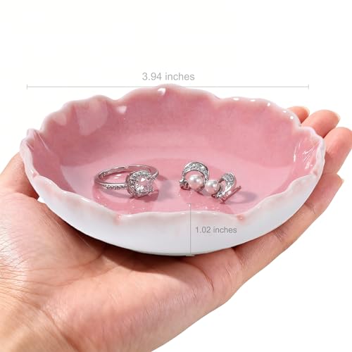 HOME SMILE Ring Jewelry Dish Pastel Pink Ruffled Ceramic |Trinket Tray for Earrings, Necklaces|Mothers Day Birthday Friendship Gifts for Women|Vanity Organizer & Bathroom Decor - color: Pink