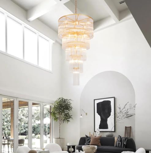 Large Gold Glass Chandelier, 5-Tier Modern Chandelier Light Fixture for High Ceiling Foyer Entryway Luxury Staircase Living Room Golden H49 D27.5 - size: Long Gold (27.5" x 49")