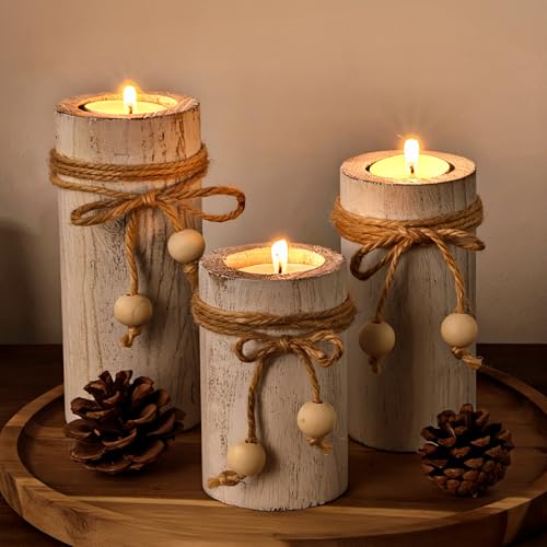 MelonBoat White Pillar Candle Holder:Farmhouse Candle Holders with Battery Operated Candles, Farmhouse Decor with Flameless LED Candles, Wood Centerpieces for Table 3-Pack for Holiday Party Home Decor