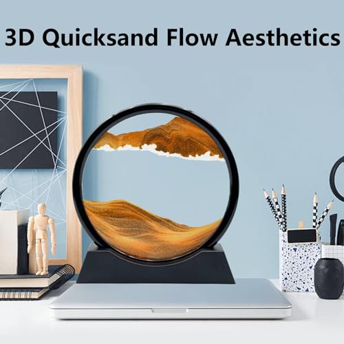 Moving Sand Art Liquid Motion, 3D Deep Sea Sandscape Color Quicksand Decor, Round Glass Moving Sand Art Picture Relaxing Desktop Home Office Work Decor (7 inch-Yellow) - color: Yellow, size: 7 inch