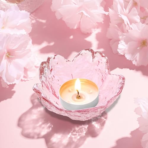 Glass Votive Candle Holders,Glass Seasoning Dishes,Cherry-Blossom Tea Bag Holders,Pink Flower Snack Dip Bowls,Set of 6 Tealight Pillar Trays for Party Housewarming Christmas Valentine Wedding Decor