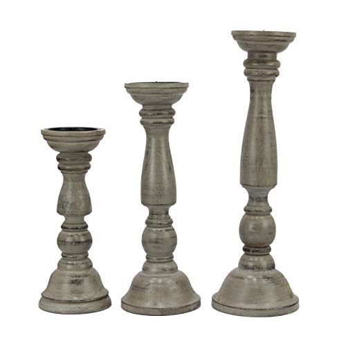 Solid Wood Candle Pillar Holder - Set of 3 Handcarved Candlestick Holder Stand - Boho Rustic Holiday Table Centerpiece Farmhouse Mantle - 17" 14" 11" H - Antique Charcoal Grey Distressed -COTTON CRAFT