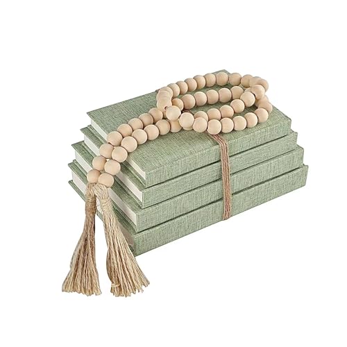Linen Covered Decorative Books 4 Pieces, Neutral Home Decor Coffee Table Books with Wooden Beaded Tassel, Stacked Books for Rustic Farmhouse Modern, Boho, Bookshelf, Fireplace Mantel Decor, Sage - color: Sage