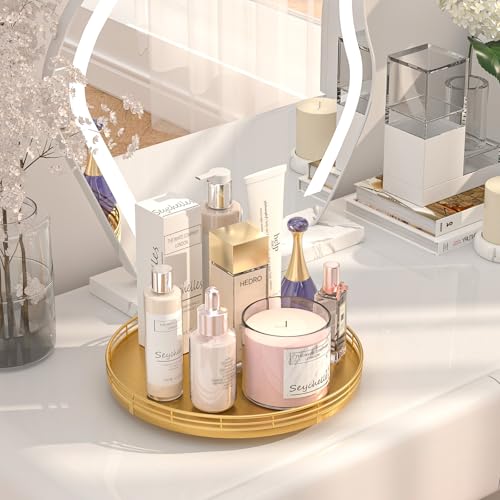 12" Gold Lazy Susan for Table Top, Oak Wood Lazy Susan Turntable Organizer for Dining Coffee Table Centerpiece Bar Decor Kitchen Countertop Bathroom Vanity Decorative Tray for Perfume Jewelry Round - color: Golden, size: 12