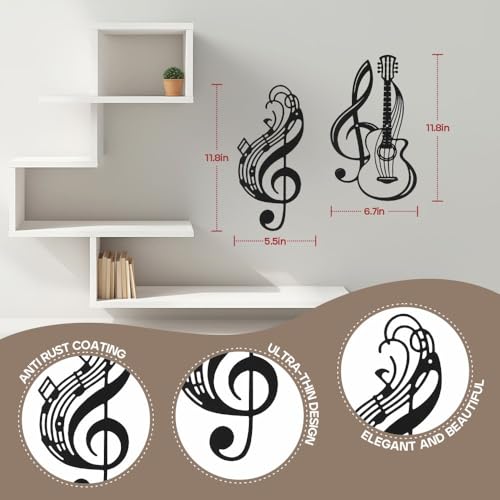Musical Note Metal Wall Art Vase with Flowers, Hanging Decor for Indoor Living Room, Kitchen, Bedroom (Guitar Musical Notes 2 Pack)