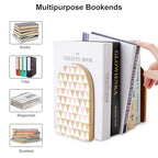 Wooden Bookends 2 Pcs,Abstract Gold and Pink Triangles Heavy Duty Office Book Ends Anti Slip Book Shelf Holder with Metal Base Decorative Book Stands - color: Abstract Gold and Pink Triangles