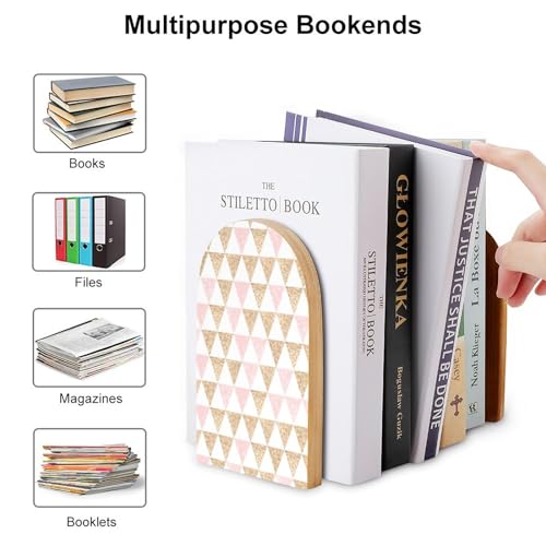 Wooden Bookends 2 Pcs,Abstract Gold and Pink Triangles Heavy Duty Office Book Ends Anti Slip Book Shelf Holder with Metal Base Decorative Book Stands - color: Abstract Gold and Pink Triangles