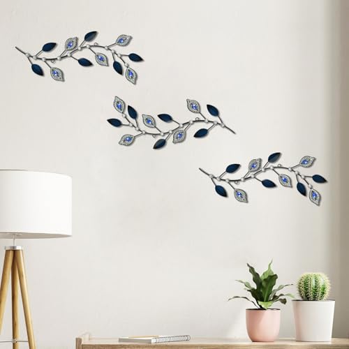 Cityelf 3 Set Crystal Leaf Wall Art Sculpture Iron Tree Leaves Branch Hanging Wall Décor Jeweled Bling Home Deor Acrylic Diamond Accent … - color: navy leaves set 3
