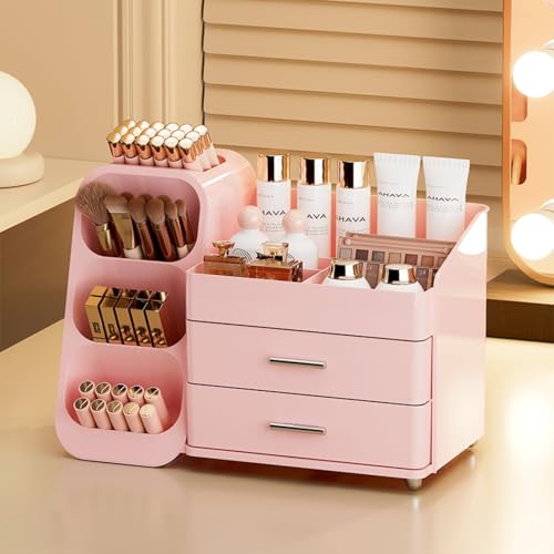 Booklov Makeup Organizer for Vanity, Large Capacity Cosmetic Display Case with Drawers, Countertop Beauty Storage Holder for Skincare, Brush Eyeliner Perfume Eyeshadow Lipsticks, Counter Desk, Pink - color: Pink, size: L01