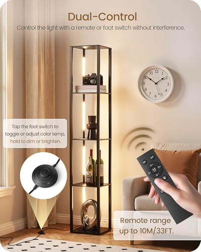 64.2" Display Shelf with Light, Modern Corner Floor Lamp with Shelves, 3000K-6000K LED Dimmable Standing Lamp with Remote for Living Room, Bedroom, Office, Adjustable CCT, Black Square B51LD05 - color: Black Square