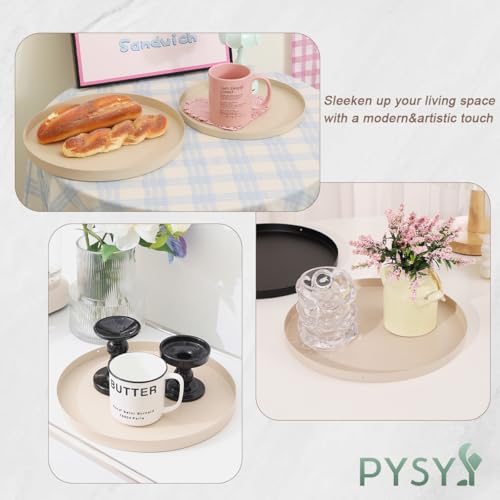 2 Pcs 11.8" and 9.8" Round Beige Metal Tray, Coffee Table Candle Holder & Decorative Serving Tray, Kitchen Counter Organizer for Modern Farmhouse Home Decor (Beige,11.8"+9.8”)