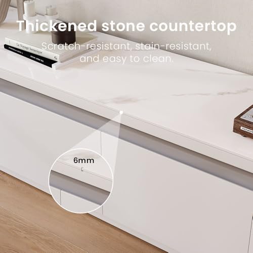 POVISON Fully Assembled 95" Mid-Century Modern TV Stand with LED Lights, Glossy Sintered Stone Top Media Console for 85 Inch TV, Drop-Down Doors & Drawers, Open Storage for Living Room - color: White, size: 95"