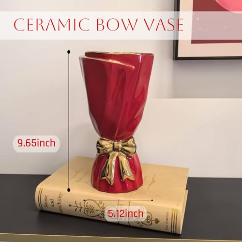 Red and Gold Bow Ceramic Vase - Flower Vases for Home Decor, Bow Decor, Boho Style, 9.65 Inch Flower Vases for Bouquet, Large Vase for Ideal Shelf Decor/Table (Red and Gold, Large) - color: Red and Gold