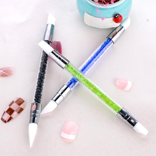3 Pcs Nail Art Sculpture Pen, Dual Tipped Silicone Nail Tools, Silicone Head Acrylic Handle Nail Art Brushes, Rhinestone Nail Polish Carving Pen, Nail Art Tools for Home Salon(Black Green Royal Blue) - color: Black, Green, Royal Blue