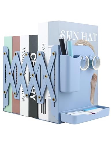 Heavy Duty Bookends Adjustable Book End, Desk Book Holder for Shelves, Book Organizer for Desk, Suitable for Office Home School (19.69 inches Max) (Blue) - color: Blue