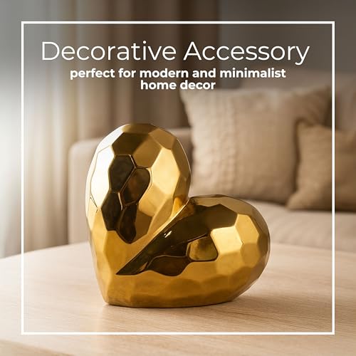 Decorative Ceramic Heart Sculpture for Home Decor - Ornament for Bathroom, Office, and Living Room Decor - Modern Figurine Accent for Bedroom, Shelf Display, and Coffee Table - 11", Gold & Metallic - color: Gold, size: 11x5x11