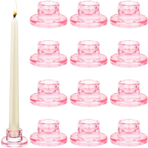 12 PCS Glass Taper Candle Holders Bulk Pink Candlestick Holders Clear Short Tapered Candle Stick Holder Decor Set for Table Centerpiece Wedding Party Advent Christmas Home Decorations - color: Pink