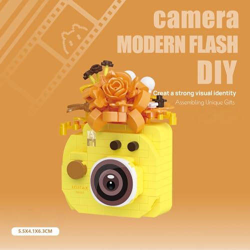 Sunny Yellow Camera Miniature Figurine - Adorable Floral Desktop Collectible - color: Orange