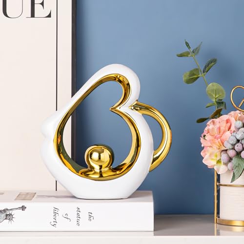 Gold Sculpture Coffee Table Decor, Dining Room Table Centerpieces, Ceramic Statue Abstract Sculptures Home Decorations, Modern Art Heart Shape Mantle Decor for Living Room - color: White and Gold 2