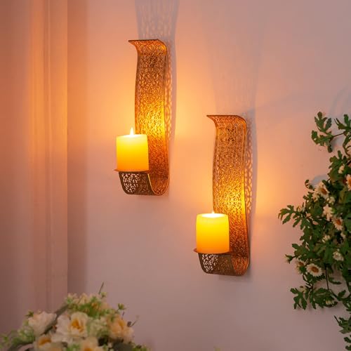 Sziqiqi Gold Candle Sconces Wall Decor Set of 2 - Rustic Pillar Wall Candle Holder for Farmhouse Vintage Hallway Wall Decor Decorative Bathroom Metal Candle Sconces - color: Matte Gold
