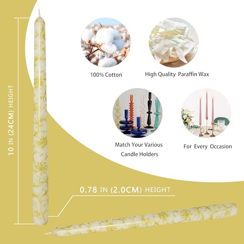 10 Inch Taper Candles Print Candle Sticks Handmade Set of 2 Smokeless Long Candle Unscented Tapered Candles for Wedding Easter Decoration(Chrysanthemum) - color: Gold Flower