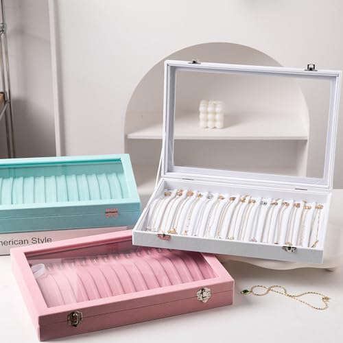 Frebeauty 15 Hooks Necklace Tray,Neckalce Organizer with Clear Lid,Velvet Necklace Holder Box,Jewelry Organizer for Pendants Chains,13.8x9.5x2 inches Necklace Jeweley Tray for Women(White) - color: White