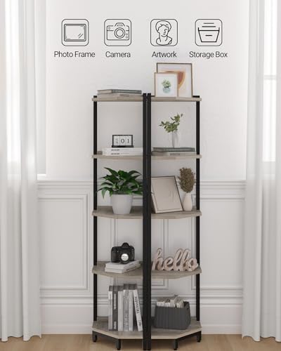 Hzuaneri Corner Shelf Stand, Corner Bookshelf, Storage Standing Shelf Unit with Metal Frame, Plant Stand, Bookcase for Living Room, Home Office, Bedroom, 5-Tier Greige CS05905B - color: Greige, size: 5 Tier