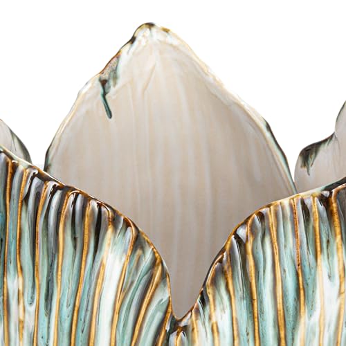 Bloomingville Stoneware Pleated Sculptural Vase with Reactive Glaze, Green and White