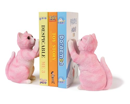 Cute Cat Bookends for Shelves, Heavy Duty Bookends, Decorative Bookends for Kids Books, Non-Skid Design, Pink Cat Statue Enthusiasts Gifts - color: Pink