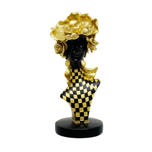 Lescafita African Queen Sculpture Gold Flower Crown, Black and Gold Checkered Gift Statue, Luxury Art Figurine for Home Decor Shelf Table Display - color: 701-gold