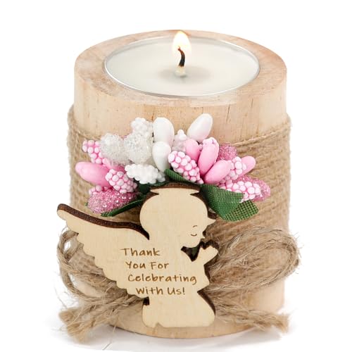 10 Pcs Handmade Wooden Tea Candle Holders, Baptism Gift,Christening Gift, Gender Reveal Guest Favors with Personalized Tags, Adult Baptism.(Light-Pink) - color: Pink