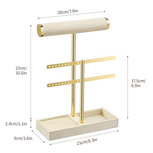 bussdis 2 Tier Bracelet Holder Display - Detachable T Bar Beige Velvet Bracelet Holder, Jewelry Holder Organizer for Bracelet, Necklace, Earrings, Rings - color: Beige