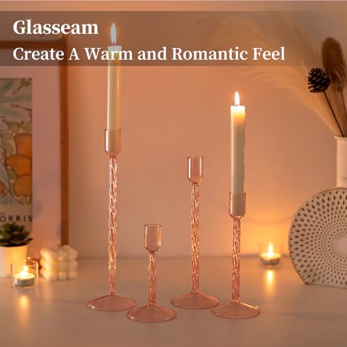 Glasseam Glass Candlestick Holders Pink: Set of 4 Tall Taper Candle Holders for Candlesticks Decorative Tapered Candles for Table Centerpiece Wedding Christmas Home Decor - color: Pink