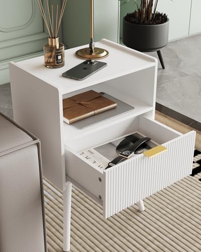 Veegle Nightstand,Modern Bedside Table with Storage Drawer and Open Wood Shelf, Accent Night Stand with Solid Wood Legs for Living Room, Bedroom and Small Spaces,Easy Assembly (White) - color: White