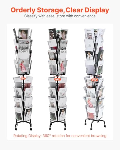 VEVOR Greeting Cards Display Rack, 32 Pockets Rotating Postcard Brochure Display Stand, 360° Spinning Card Display Rack with Sign Holder & 4 Wheels (2 Lockable) for Exhibitions Office Trade Show