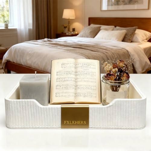 Valet Tray Nightstand Storage Organizer - PU Leather Desktop Storage Organizer Fits Cosmetics Perfume Skincare Lipsticks for Dresser Vanity, Catchall Tray for Watch Wallet Phone Keys|White - color: White