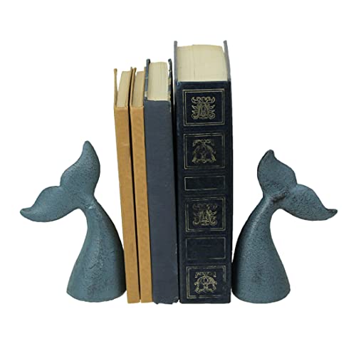 Set of 2 Nautical Cast Iron Whale Tail Decorative Bookends - Coastal Themed Shelves, and Beach House - Rustic Blue Enamel Finish - Organize and Beautify Your Space - color: Whale Tail - Blue