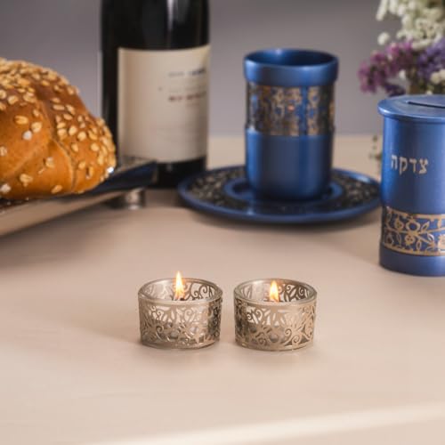 Yair Emanuel Tea Light Candle Holders for Shabbat | Shabbos Candlestick Holders | Glass with Metal Decoration (Pomegranates Silver CSX-1) - color: Pomegranates Silver Csx-1