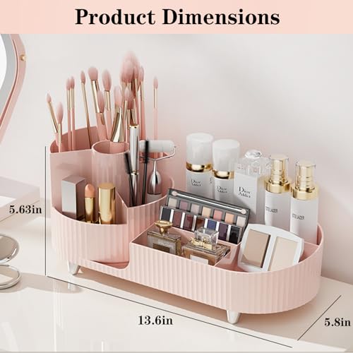 Pink Rotating Vanity Organizer with Brush Holder - Large Spinning Cosmetic Storage, Countertop Makeup & Skincare Organizer, Perfume & Lotions Display Case - color: Pink