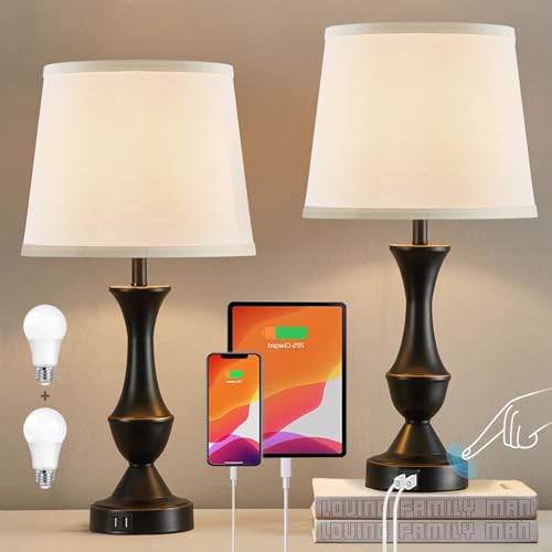 Luvkczc Touch Table Lamps Set of 2, 22" Tall Bedside Lamps with USB C+A Ports,Dimmable Nightstand Lamps, Table lamp for Bedrooms, Living Room, Office, Black Lamp with White Lampshade, Bulbs Included - color: Black, White, size: 22in