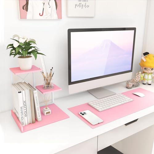 ELITEROO Desktop Shelf, Aesthetic Desk Organizer Table Top Mini Bookshelf, 3 Tier Wooden Desk Supplies Organizers and Storage Stand Cubicle Accessories for Women Office, Pink - color: Pink