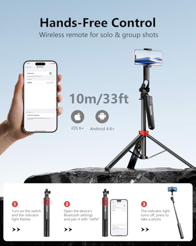 Aureday 72" Phone Tripod and Selfie Stick, Cell Phone Tripod Stand with Wireless Remote & Extendable Phone Mount for Travel/Selfie/Recording/Vlogging, Compatible with iPhone/Android/Camera - size: 72in