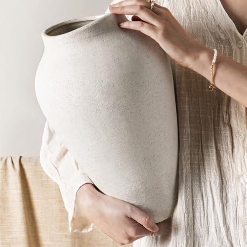 White Ceramic Vase - Large 13.6 Inch Tall Floor Vase for Centerpieces, Farmhouse Flower Vases, Rustic Minimalist Home Decor for Living Room, Enterway, Wedding (Sandstone White) - color: Sandstone White, size: 13.6 Inch
