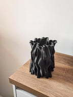 Geometric Black Vase Modern Abstract Wavy Decorative Vase, Faceted Sculptural Home Décor Centerpiece for Table or Shelf